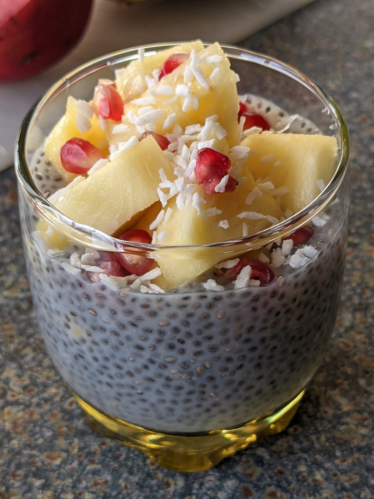Easy Pineapple Chia Pudding with Coconut Flakes and Pomegranate Arils
