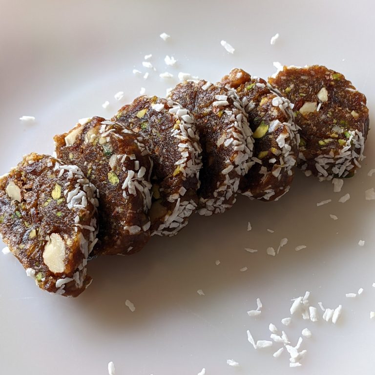 Easy Date and Nuts Roll Recipe with Pistachios, Almonds, Walnut, Coconut
