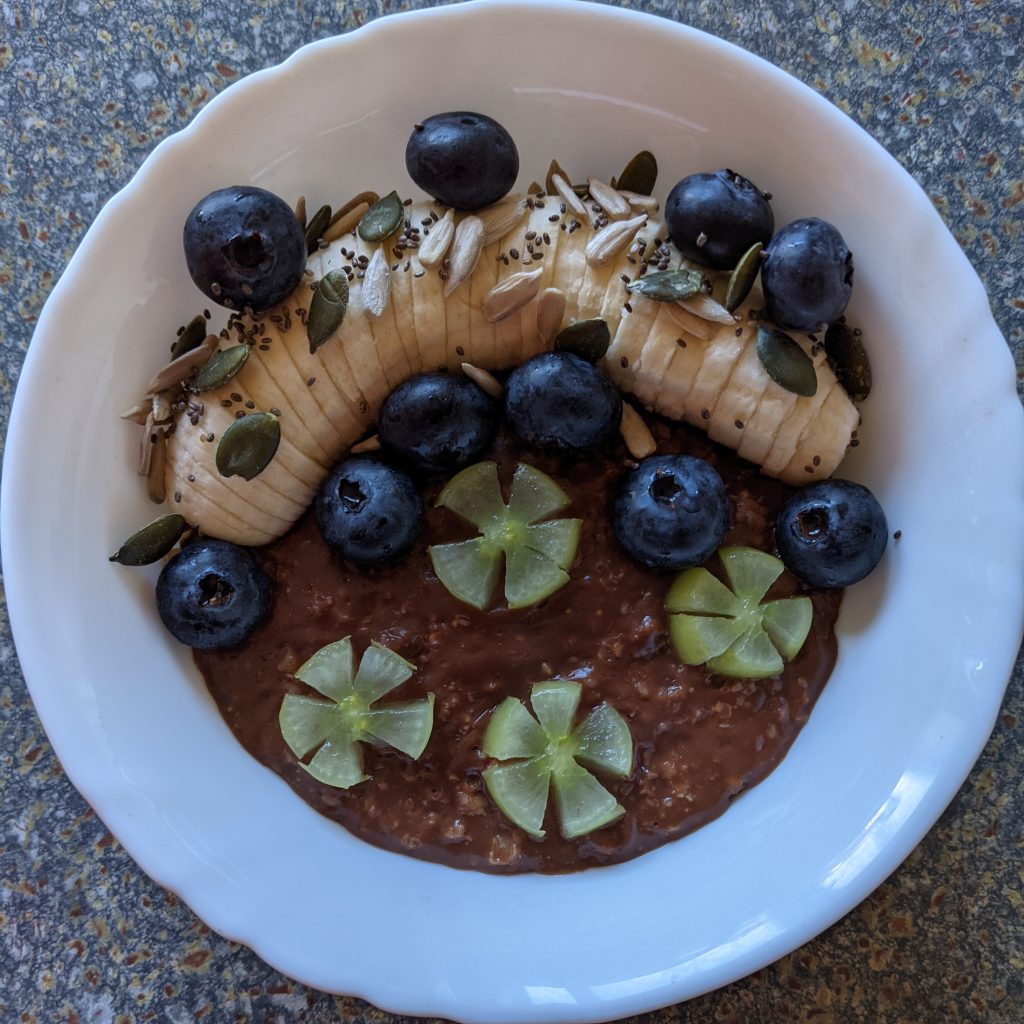 Chocolate-Chai-Oats-Breakfast-with-Blueberry-Banana-Grapes-Chia-Seeds-Sunflower-Seeds-Pumpkin-Seeds-and-Honey-healthy-breakfast-recipes-oatmeal-oats-breakfast
