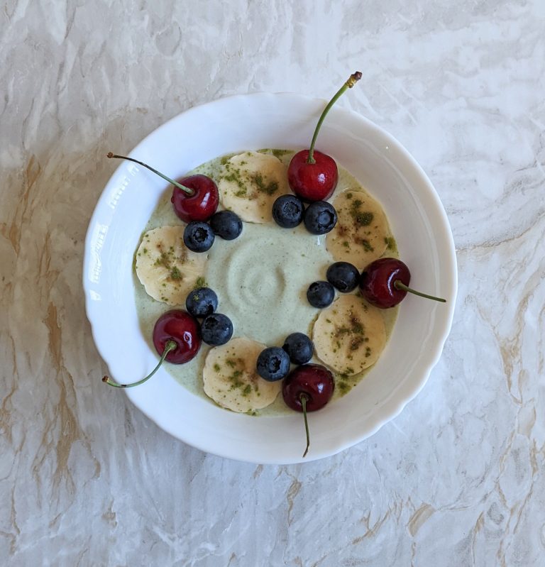 Moringa Lemon Yoghurt Bowl with Banana Blueberries and Cherries – Refreshing Summer Breakfast – Healthy Protein Packed Desserts