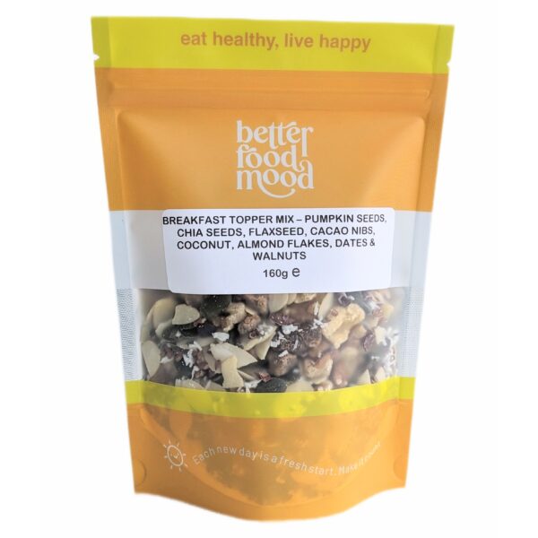 nuts and seeds mix for eating with walnuts, almonds, dates, cacao nibs, coconut, chia seeds, flaxseed, pumpkin seeds