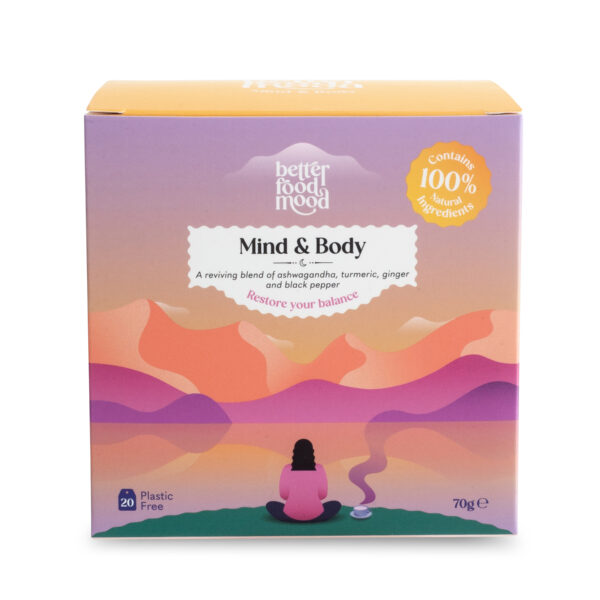 a turmeric ashwagandha tea fortified with ginger and black pepper. These turmeric ashwagandha tea bags are an adaptogenic tea perfect for calm, relaxation and sleep.